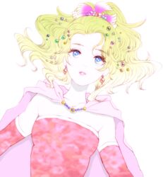  blonde_hair blue_eyes breasts cape chiru_(sanifani) detached_sleeves dress earrings female final_fantasy final_fantasy_vi hair_ornament jewelry medium_breasts parted_bangs parted_lips pink_cape ponytail sleeveless sleeveless_dress solo terra_branford upper_body wavy_hair white_background 