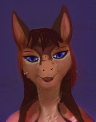  artbreeder brown_hair buttercup_saiyan equid equine female hair horse low_res lucille mammal pony purple_eyes 