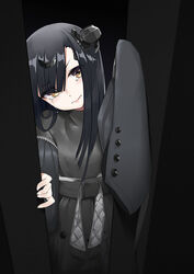  black_background black_dress black_hair commentary_request crying crying_with_eyes_open dress female frown gate girls&#039;_frontline head_tilt headgear long_hair mercurows_(girls&#039;_frontline) nyto_(girls&#039;_frontline) paradeus sleeves_past_wrists solo stuck tears wo_chi_xiangjiao_pi yellow_eyes 