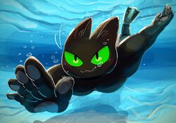  anthro black_body black_fur cartoon_network digitigrade domestic_cat felid feline felis fur green_eyes hi_res male mammal mao_mao:_heroes_of_pure_heart muscular muscular_anthro muscular_male pecs sheriff_mao_mao_mao solo swimming swimming_fins underwater vetiver_n water 