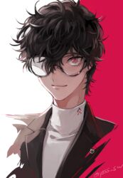  1boy amamiya_ren black-framed_eyewear black_hair black_jacket closed_mouth cropped_shoulders glasses hair_between_eyes highres jacket looking_at_viewer male_focus opaque_glasses partially_opaque_glasses persona persona_5 portrait protected_link red_eyes sawa2 school_uniform shirt shuujin_academy_school_uniform simple_background solo twitter_username two-tone_background white_shirt 