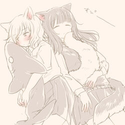  2girls animal-shaped_pillow animal_ears black_hair black_skirt blunt_bangs blush cat_ears cat_girl cat_tail closed_eyes commentary_request hugging_object inutose long_hair lying medium_hair multiple_girls on_back on_side original shirt simple_background skirt tail translated white_hair white_shirt yuri 