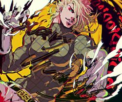  1boy bad_id bad_pixiv_id belt black_belt blonde_hair claws commentary_request diego_brando dinosaur_tail english_text floating_hair gloves green_eyes hair_over_one_eye halftone hand_up jojo_no_kimyou_na_bouken kiki_(re_6xxx) long_sleeves looking_at_viewer male_focus medium_hair one_eye_covered pants parted_lips scary_monsters_(stand) sharp_teeth solo stand_(jojo) steel_ball_run sweater tail teeth unmoving_pattern white_gloves white_pants 