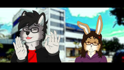  16:9 anthro brown_hair canid canine canis clothing cross-popping_vein duo fake_screencap fur grey_body grey_fur hair hoodie just_right lagomorph leporid male mammal meme nonbinary_(lore) quantum_lapiz rabbit theo_nyx topwear vein widescreen wolf 