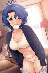  absurdres alarm_clock antenna_hair bad_id bad_twitter_id bed black_shirt blanket blue_hair bra bread bread_slice breasts cleavage clock collarbone curtains dressing female floral_print food food_in_mouth hanamasa_ono highres idolmaster idolmaster_million_live! indoors lamp large_breasts light_blush light_particles long_hair looking_at_viewer mouth_hold navel one_eye_closed open_clothes open_shirt panties picture_frame pillow shirt short_hair solo stuffed_animal stuffed_toy sweat toast toast_in_mouth toyokawa_fuka underwear white_bra white_panties window yellow_eyes 