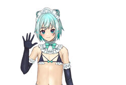  1boy aqua_bow aqua_bowtie bad_id bad_pixiv_id bikini black_bikini black_gloves blue_eyes blue_hair bow bowtie closed_mouth commentary_request cone_hair_bun crossdressing detached_collar earclip elbow_gloves frilled_bikini frilled_gloves frills gloves hair_bun hand_up looking_at_viewer maid maid_bikini maid_headdress male_focus micro_bikini navel original otoko_no_ko short_hair smile solo stomach swimsuit unconventional_maid upper_body waving yoruhachi 