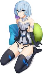  bare_shoulders black_gloves black_thighhighs blue_hair breasts c-string closed_mouth doko_tetora elbow_gloves female frame_arms_girl full_body gloves gradient_hair highres looking_at_viewer materia_(frame_arms_girl) medium_hair multicolored_hair panties pillow purple_hair seiza sideboob sitting solo strapless_bottom thighhighs underwear white_panties 