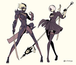  1boy 2b_(nier:automata) absurdres black_blindfold black_dress black_thighhighs blindfold breasts cleavage company_connection covered_eyes crossover cyborg dress female highres holding holding_polearm holding_sword holding_weapon medium_breasts metal_gear_(series) metal_gear_rising:_revengeance mole mole_under_mouth nier:automata nier_(series) one_eye_covered open_hand platinumgames_inc. polearm raiden_(metal_gear) red_eyes spear subakeye sword thighhighs weapon white_hair yellow_background zettai_ryouiki 