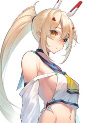  absurdres ayanami_(azur_lane) ayanami_(retrofit)_(azur_lane) azur_lane bare_shoulders blonde_hair blue_sailor_collar blush breasts commentary detached_sleeves female hair_between_eyes hair_ornament hairclip headgear high_ponytail highres long_hair long_sleeves looking_at_viewer medium_breasts navel neckerchief orange_eyes ponytail red_neckerchief sailor_collar shirt sideboob sidelocks simple_background solo very_long_hair white_background white_shirt wide_sleeves yamanokami_eaka yellow_neckerchief 