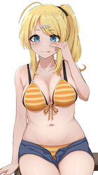  absurdres ahoge alternate_hairstyle arm_support bare_shoulders bikini bikini_under_shorts black_ribbon blonde_hair blue_eyes blue_shorts blush bow breasts cleavage closed_mouth collarbone commentary_request dot_nose emu_1316 female front-tie_bikini_top front-tie_top hachimiya_meguru hair_ornament hair_ribbon hairbow hairclip hand_on_own_face hand_up highres idolmaster idolmaster_shiny_colors large_breasts long_hair looking_at_viewer navel open_fly orange_bikini partial_commentary ribbon short_shorts shorts side_ponytail simple_background sitting smile solo stomach striped_bikini striped_clothes sweatdrop swimsuit tongue tongue_out upper_body white_background 