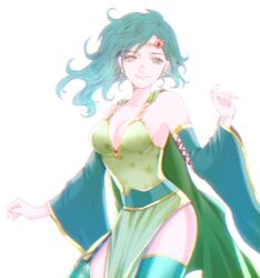  arm_up asymmetrical_bangs breasts cape chiru_(sanifani) circlet cleavage detached_sleeves dress earrings female final_fantasy final_fantasy_iv green_cape green_dress green_eyes green_hair green_thighhighs jewelry medium_breasts medium_hair rydia_(ff4) smile solo thighhighs upper_body white_background wide_sleeves 