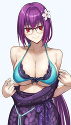  absurdres bare_shoulders bikini breasts cleavage collarbone dress fate/grand_order fate_(series) female flower glasses green_bikini hair_between_eyes hair_flower hair_ornament hair_scrunchie highres kugiseiichi large_breasts long_hair looking_at_viewer off_shoulder ponytail purple_dress purple_hair red_eyes scathach_(fate) scathach_skadi_(fate) scathach_skadi_(swimsuit_ruler)_(fate) scathach_skadi_(swimsuit_ruler)_(final_ascension)_(fate) scathach_skadi_(swimsuit_ruler)_(second_ascension)_(fate) scrunchie smile solo sweater sweater_dress swimsuit 