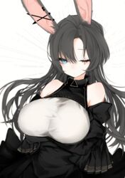  animal_ears bad_id bad_pixiv_id bare_shoulders black_dress blue_eyes breasts closed_mouth commentary detached_sleeves dot_mouth dot_nose dress earrings female grey_hair highres huge_breasts jewelry long_hair long_sleeves looking_at_viewer narue one-eyed one_eye_closed original rabbit_ears slit_pupils solo stitched_eye 