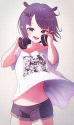  absurdres adjusting_headphones black_shorts blue_eyes blush clothes_lift female headphones headphones_around_neck highres hololive hololive_english kaiju_ryoku looking_at_viewer navel ninomae_ina&#039;nis ninomae_ina&#039;nis_(loungewear) oerba_yun_fang open_mouth pointy_ears purple_hair shirt shirt_lift short_hair short_shorts shorts smile solo t-shirt virtual_youtuber white_shirt wind wind_lift 