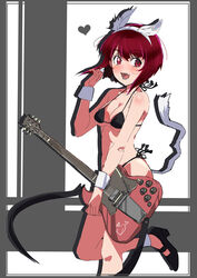  +_+ absurdres animal_ears arima_kana bare_arms bare_shoulders bikini black_bikini black_footwear bob_cut cat_ears cat_tail commentary_request coriponz electric_guitar female gibson_sg guitar highres instrument inverted_bob navel open_mouth oshi_no_ko red_eyes red_hair short_hair smile swimsuit tail 