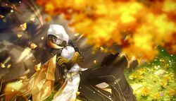  1boy :| acupofbread alternate_costume azhdaha_(genshin_impact) bad_id bad_twitter_id baggy_pants bare_shoulders black_hair blurry blurry_foreground brown_hair closed_eyes closed_mouth coat crossed_arms falling_leaves feet_out_of_frame flower genshin_impact ginkgo_leaf gradient_hair grass hair_between_eyes hair_tie highres hood hooded_coat leaf long_hair male_focus multicolored_hair orange_hair pants ponytail rex_lapis_(genshin_impact) sleeping sleeveless solo white_coat yellow_flower zhongli_(genshin_impact) 