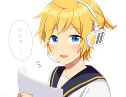  1boy bass_clef black_sailor_collar blonde_hair blue_eyes commentary headphones headset holding holding_paper kagamine_len light_blush light_smile looking_at_viewer male_focus nail_polish nokuhashi open_mouth paper sailor_collar shirt short_ponytail solo speech_bubble spiked_hair translated upper_body vocaloid white_background white_shirt yellow_nails 