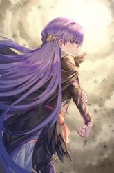  absurdres belt black_feathers cape closed_mouth commission commissioner_upload dress feathers female fire_emblem fire_emblem:_the_binding_blade fire_emblem_heroes highres injury long_hair long_sleeves looking_back purple_eyes purple_hair shichigatsu solo sophia_(fire_emblem) sophia_(resplendent)_(fire_emblem) teardrop tearing_up tears torn_clothes torn_sleeves very_long_hair 