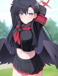  armband black_hair black_sailor_collar black_serafuku black_skirt black_wings blue_archive blush cowboy_shot feathered_wings fed_(giba) female grey_eyes grin hair_ornament hairclip halo highres ichika_(blue_archive) long_hair long_sleeves low_wings neckerchief outdoors pleated_skirt red_armband red_halo red_neckerchief sailor_collar school_uniform serafuku skirt smile solo unusually_open_eyes wings 