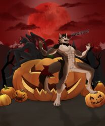  5:6 absurd_res anthro awoo blood_moon canid canine canis crotch_tuft duo guepardoxart hi_res jack-o&#039;-lantern male mammal muscular muscular_male sitting standing tuft wings wolf 