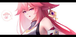  ? artist_name breasts female genshin_impact hair_between_eyes highres letterboxed long_hair medium_breasts open_mouth pink_hair purple_eyes shimmer shirt sideboob signature simple_background sleeveless sleeveless_shirt solo spoken_question_mark white_background white_shirt yae_miko 