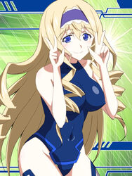  blonde_hair blue_eyes blue_hairband blue_leotard breasts cecilia_alcott commentary_request cowboy_shot drill_hair female green_background hairband highres index_fingers_raised infinite_stratos kuroda_ariake large_breasts leotard lolita_hairband long_hair looking_at_viewer smile solo turtleneck 