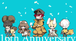  2girls 3boys animal animal_ears anniversary axe baphomet_jr bare_pectorals belt black_belt black_bow black_eyes black_gloves black_hair black_headwear black_jacket black_necktie black_pants blonde_hair blue_background blue_eyes blue_pants blush bob_cut boots bow brown_belt brown_cape brown_dress brown_footwear brown_hair cape cat_ears chibi closed_eyes closed_mouth commentary_request confetti creator_(ragnarok_online) crop_top demon desert_wolf_(ragnarok_online) dress eddga eyes_visible_through_hair fake_animal_ears fingerless_gloves flat_cap fox fox_mask frilled_dress frills full_body fur-trimmed_footwear fur-trimmed_pants fur_trim gauntlets genetic_(ragnarok_online) gloves goat goat_horns hair_between_eyes hair_over_one_eye hairband hat holding holding_animal holding_axe holding_rabbit holding_scythe horns jacket kitsune kusabi_(aighe) large_bow long_hair long_sleeves looking_at_viewer lunatic_(ragnarok_online) mask mechanic_(ragnarok_online) multiple_boys multiple_girls necktie nine_tail_(ragnarok_online) official_alternate_costume open_clothes open_mouth open_shirt pants pectorals pouch rabbit rabbit_ears ragnarok_online red_cape red_eyes scythe shirt shoes short_dress short_hair simple_background smile smoking smoking_pipe strapless strapless_dress suspenders teeth tiger torn_clothes torn_shirt twintails wanderer_(ragnarok_online) white_dress white_hair white_shirt whitesmith_(ragnarok_online) wide_sleeves wolf yellow_hairband 