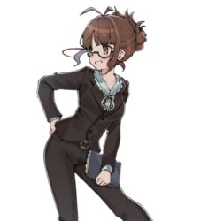  aa211108 akizuki_ritsuko antenna_hair belt_buckle black_jacket black_pants blush book breasts brown_hair buckle feet_out_of_frame female folded_ponytail formal glasses hand_on_own_hip holding holding_book idolmaster idolmaster_(classic) idolmaster_million_live! jacket looking_to_the_side medium_breasts pants semi-rimless_eyewear sidelocks simple_background smile solo under-rim_eyewear white_background 