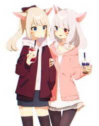  2girls animal_ears arm_grab artist_name black_border black_legwear black_skirt blonde_hair blue_eyes blue_nails border bow bubble_tea closed_mouth commentary commission contemporary cup disposable_cup dress drinking_straw facial_mark final_fantasy final_fantasy_xiv hairbow hand_in_pocket heterochromia highres holding holding_cup hood hood_down hoodie jacket long_sleeves looking_at_another mamyouda medium_hair miniskirt miqo&#039;te multiple_girls nail_polish open_clothes open_jacket open_mouth pantyhose pink_jacket ponytail red_eyes red_jacket red_nails shirt short_dress signature skirt slit_pupils smile standing thighhighs warrior_of_light_(ff14) whisker_markings white_dress white_hair white_shirt 