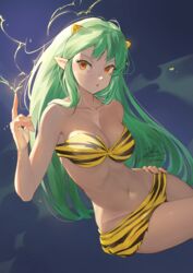  animal_print bare_shoulders bikini breasts cone_horns electricity electrokinesis fadingz female green_hair hand_on_own_hip highres horns lightning long_hair lum medium_breasts navel pointing pointing_up pointy_ears signature solo strapless strapless_bikini swimsuit tiger_print urusei_yatsura yellow_bikini yellow_eyes 