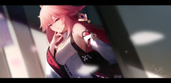  artist_name bare_shoulders blurry blurry_background blurry_foreground breasts closed_mouth commentary depth_of_field female fox_shadow_puppet genshin_impact hair_between_eyes hand_up highres letterboxed long_hair looking_at_viewer medium_breasts pink_hair purple_eyes shimmer shirt sideboob signature sleeveless sleeveless_shirt smile solo symbol-only_commentary very_long_hair white_shirt yae_miko 