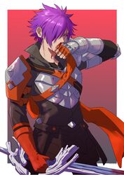  1boy armor blood blood_on_face border breastplate cape commentary_request fingerless_gloves fire_emblem fire_emblem:_three_houses fire_emblem_warriors:_three_hopes gloves hair_over_one_eye highres holding holding_sword holding_weapon looking_at_viewer male_focus nzmnnkk one_eye_covered orange_cape orange_gloves outside_border purple_eyes purple_hair shez_(fire_emblem) shez_(male)_(fire_emblem) short_hair shoulder_armor single_fingerless_glove single_glove solo sword weapon white_border 