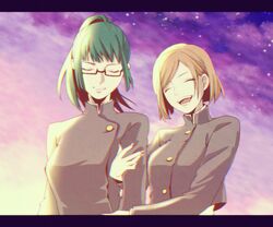  2girls asymmetrical_bangs black_shirt bob_cut breasts buttons chiru_(sanifani) closed_eyes commentary_request glasses green_eyes hair_behind_ear high_collar holding_another&#039;s_arm jujutsu_kaisen kugisaki_nobara lower_teeth_only medium_breasts multiple_girls night night_sky open_mouth orange_hair ponytail shirt short_hair sidelocks sky smile star_(sky) starry_sky teeth uniform upper_teeth_only zen&#039;in_maki 