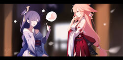  2girls artist_name blurry blurry_background braid breasts bridal_gauntlets cleavage closed_eyes depth_of_field detached_sleeves genshin_impact hair_between_eyes hand_up highres japanese_clothes kimono letterboxed long_hair long_sleeves medium_breasts multiple_girls nail_polish obi off_shoulder parted_lips petals pink_hair purple_eyes purple_hair purple_kimono purple_nails raiden_shogun red_skirt sash shimmer shirt sideboob signature single_braid single_detached_sleeve skirt sleeveless sleeveless_shirt tail very_long_hair white_shirt white_sleeves wide_sleeves yae_miko 