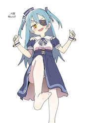  blue_hair blush colored_eyepatch commentary dress eyepatch feet female hat highres korean_commentary korean_text last_origin long_hair lrl_(last_origin) luke_(dydansgur) pantyhose print_eyepatch sailor_hat simple_background smile solo two_side_up white_background white_pantyhose 