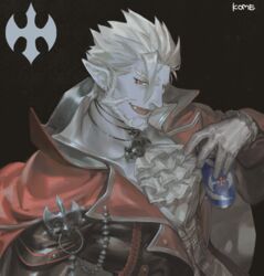  1boy ascot bad_id bad_pixiv_id black_background blue_skin can cape colored_skin earrings energy_drink facial_hair frischenq gilzaren_iii gloves holding holding_can jewelry male_focus nijisanji oerba_yun_fang open_mouth photoshop_(medium) pointy_ears red_cape red_eyes signature simple_background slit_pupils smile solo upper_body vampire virtual_youtuber white_gloves white_hair 