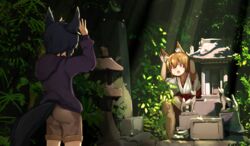  animal_ear_fluff animal_ears black_hair blush brown_hair fox_ears fox_tail hands_up highres hood hoodie japanese_clothes original red_eyes short_hair shorts shrine statue sweatdrop tail yotubawatane 