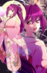  artist_name breasts bright_pupils commentary cotton_candy dango english_commentary female fireworks food hair_ribbon highres japanese_clothes kimono long_hair long_sleeves looking_at_viewer lyn_(shunao) moon multiple_views open_mouth pink_kimono ponytail purple_hair red_eyes ribbon under_night_in-birth wagashi white_pupils white_ribbon yuzuriha_(under_night_in-birth) 