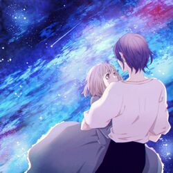  1boy arms_around_back baggy_clothes black_pants blue_dress blue_hair bob_cut brown_eyes chiru_(sanifani) couple dress earrings female hair_between_eyes howl_(howl_no_ugoku_shiro) howl_no_ugoku_shiro hug jewelry long_dress necklace night night_sky pants shirt shooting_star short_hair sky sophie_(howl_no_ugoku_shiro) star_(sky) starry_sky straight upper_body white_hair white_shirt wide-eyed 