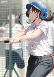  aluminum_bat ball baseball baseball_(object) baseball_bat baseball_helmet black_hair black_shorts blush breasts closed_mouth commentary_request female helmet holding holding_baseball_bat jonsun medium_breasts mole mole_under_eye one_eye_closed original outdoors pink_eyes polo_shirt ponytail shirt short_hair shorts solo_focus tamami_(jonsun) white_shirt 