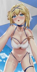  azur_lane bikini blonde_hair blue_choker blue_eyes blush breasts chest_tattoo choker cross cross_choker female from_below full-face_blush highres jeanne_d&#039;arc_(azur_lane) jeanne_d&#039;arc_(saintess_of_the_sea)_(azur_lane) large_breasts layered_bikini long_hair looking_at_viewer looking_down multi-strapped_bikini namako32 official_alternate_costume pubic_tattoo solo swimsuit tattoo white_bikini 