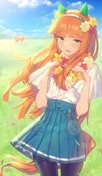  animal_ears bad_id bad_pixiv_id black_pantyhose casual female flower grasslands hair_flower hair_ornament headband highres horse horse_ears horse_girl horse_tail kanjy00u long_hair looking_at_viewer mountain open_mouth orange_hair outdoors pantyhose silence_suzuka_(racehorse) silence_suzuka_(umamusume) sky solo tail umamusume 