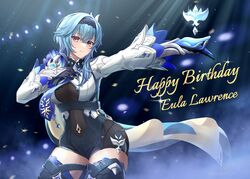  birthday black_hairband black_thighhighs blue_hair bodystocking breasts cape character_name closed_mouth commentary cowboy_shot eula_(genshin_impact) feather_hair_ornament feathers female genshin_impact hair_ornament hairband hand_on_own_chest happy_birthday highres light_blue_hair long_sleeves looking_at_viewer medium_breasts medium_hair mon-chan navel purple_eyes smile solo thick_thighs thighhighs thighs two-tone_gloves vision_(genshin_impact) 