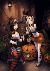  2girls abigail_williams_(fate) alternate_costume animal_ear_fluff animal_ears animal_print asymmetrical_legwear bandaid bandaid_on_face bandaid_on_forehead bat_print bat_wings black_bow blonde_hair blue_eyes bow breasts brown_hair capelet cat_ears chair elbow_gloves fake_animal_ears fake_horns fake_wings fate/grand_order fate_(series) feline gloves hair_bun hairband halloween halloween_costume hat high_heels highres horned_headwear horns jack-o&#039;-lantern lantern large_breasts leonardo_da_vinci_(fate) mismatched_legwear mori_yashiro_(konkon_oyashiro) multiple_bows multiple_girls multiple_tails open_mouth orange_bow pantyhose pumpkin red_footwear single_hair_bun single_side_bun sitting skirt star_(symbol) striped_clothes striped_thighhighs tail thighhighs two_tails watering_can white_legwear wings witch_hat 