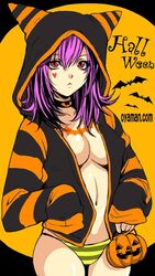  bat_(animal) black_choker breasts chest_tattoo choker cleavage closed_mouth commentary_request cowboy_shot facial_tattoo female frown halloween halloween_bucket halloween_costume heart heart_tattoo holding hood hood_up hoodie horned_hood horns jacket long_sleeves looking_at_viewer medium_breasts navel no_bra no_pants open_clothes open_hoodie open_jacket orange_background orange_hoodie original oyaman panties purple_hair red_eyes sleeves_past_fingers sleeves_past_wrists solo standing striped_clothes striped_panties tattoo underwear web_address yellow_panties 