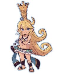  &gt;:) bare_shoulders bikini blonde_hair blue_eyes blue_outline brown_footwear charlotta_(granblue_fantasy) charlotta_(summer)_(granblue_fantasy) check_commentary closed_mouth collarbone commentary_request crossed_arms crown female granblue_fantasy hair_between_eyes harvin long_hair looking_at_viewer mawaru_(mawaru) mini_crown navel outline sandals simple_background smile solo standing striped_bikini striped_clothes swimsuit v-shaped_eyebrows very_long_hair white_background white_outline 