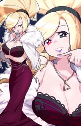  artist_name black_background blonde_hair breasts bright_pupils cleavage dress female fur_collar heterochromia highres hilda_(under_night_in-birth) jewelry large_breasts long_hair looking_at_viewer lyn_(shunao) multiple_views necklace red_eyes simple_background under_night_in-birth very_long_hair white_pupils 