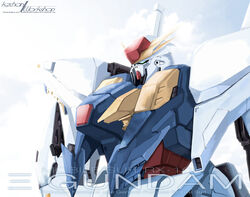  absurdres artist_name character_name cloud cloudy_sky commentary copyright_name english_commentary english_text green_eyes gundam gundam_hathaway&#039;s_flash highres kzchan mecha mobile_suit no_humans robot science_fiction sky solo upper_body v-fin xi_gundam 