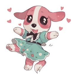  :3 animal_crossing aqua_dress arms_up artist_name bad_id bad_pixiv_id barefoot black_bow black_bowtie black_sclera blush bow bowtie colored_sclera commentary cookie_(animal_crossing) dog_girl dress female flat_chest floral_print furry furry_female happy heart hideko_(l33l3b) highres oerba_yun_fang open_mouth outstretched_arms pawpads puffy_short_sleeves puffy_sleeves short_sleeves signature simple_background skin_fang smile solo spread_arms white_background white_eyes 