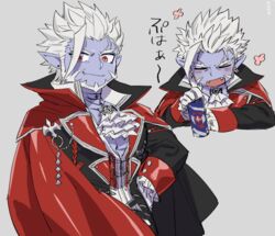  1boy ascot bad_id bad_pixiv_id blue_skin blush can cape closed_eyes closed_mouth colored_skin earrings facial_hair frills frischenq gilzaren_iii gloves grey_background hand_on_own_hip holding holding_can jewelry male_focus nijisanji oerba_yun_fang open_mouth photoshop_(medium) pointy_ears red_cape red_eyes signature simple_background slit_pupils smile solo vampire virtual_youtuber white_gloves white_hair 